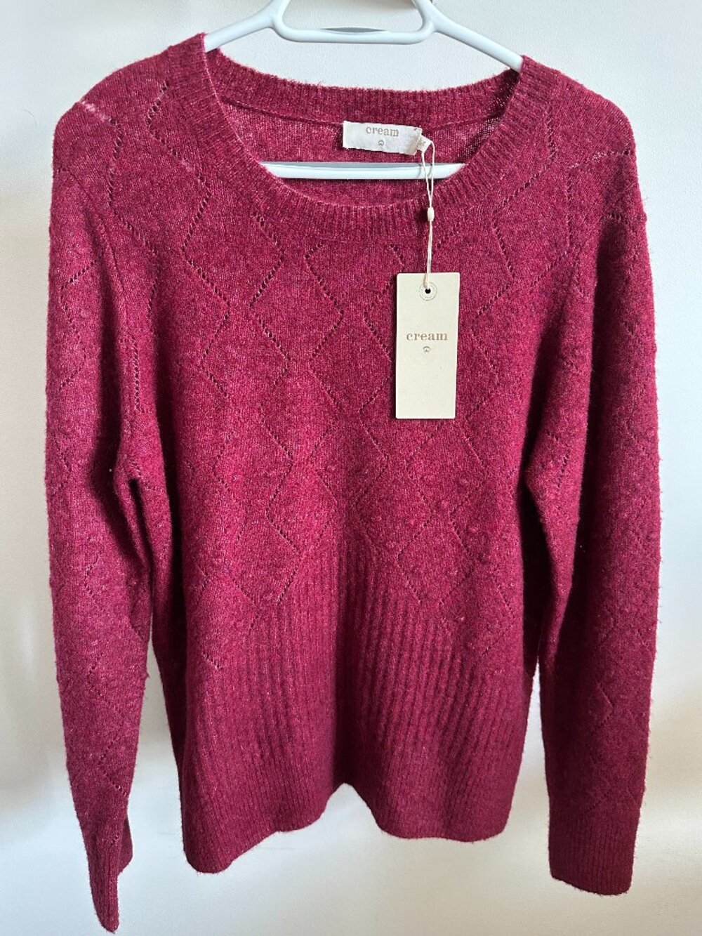 NWT Cream Maroon Knit Textured Diamond Crewneck Sweater Women's Medium